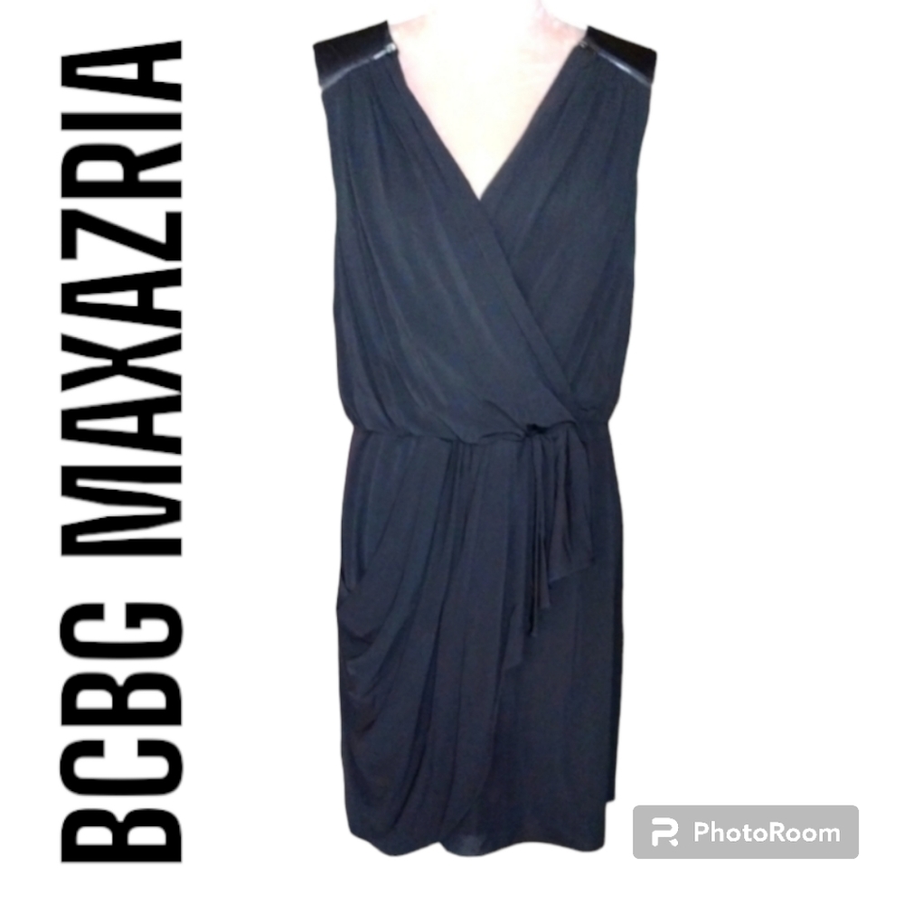 🖤BCBG MAXARIA BLACK MINI FAUX WRAP COCKTAIL DRESS SIZE L🖤
